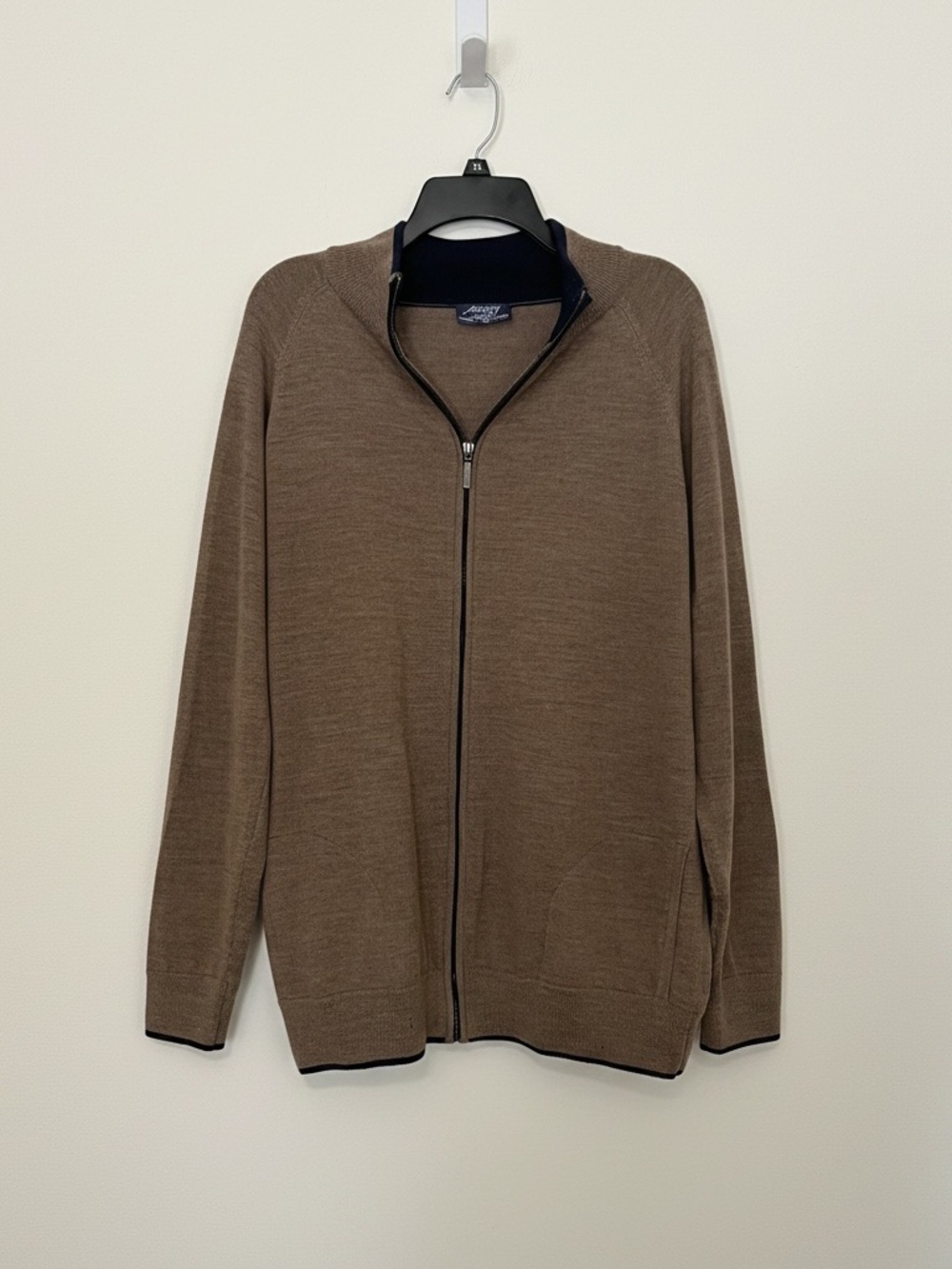 ⁠Jeremy Argyle NYC Merino Wool Full Zip Sweater Brown Navy Blue Trim Men's XL⁠